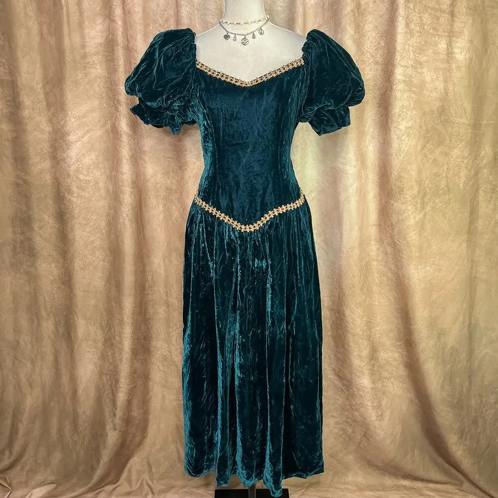 Vintage Renaissance Dress 70s Velour Medieval Gown Green Puff Sleeve Princess - Picture 1 of 9